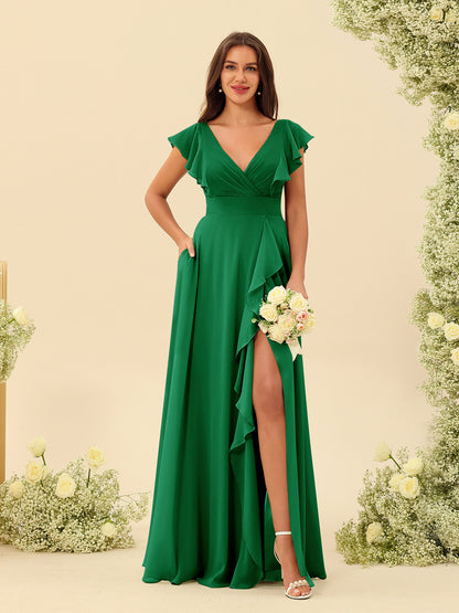 Forme Princesse Col V Longue Robes de demoiselle d'honneur avec Volants