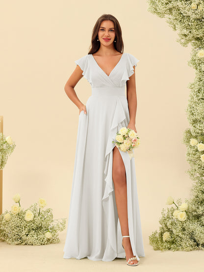 Forme Princesse Col V Longue Robes de demoiselle d'honneur avec Volants