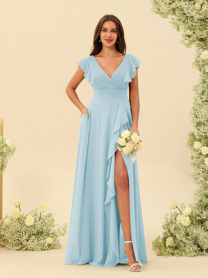 Forme Princesse Col V Longue Robes de demoiselle d'honneur avec Volants