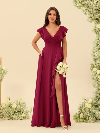 Forme Princesse Col V Longue Robes de demoiselle d'honneur avec Volants