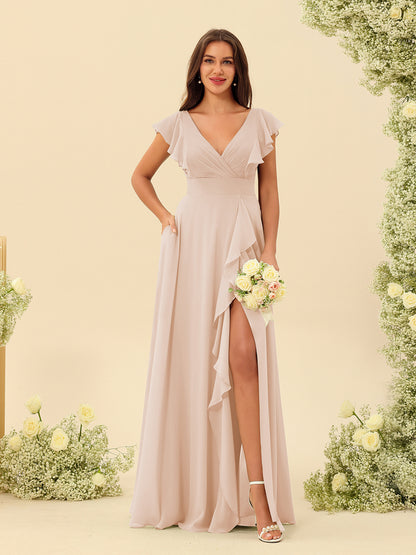 Forme Princesse Col V Longue Robes de demoiselle d'honneur avec Volants