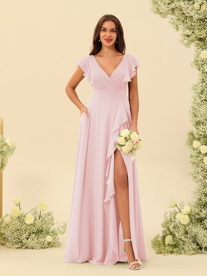 Forme Princesse Col V Longue Robes de demoiselle d'honneur avec Volants