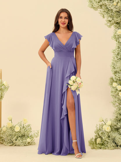 Forme Princesse Col V Longue Robes de demoiselle d'honneur avec Volants