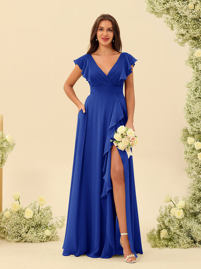Forme Princesse Col V Longue Robes de demoiselle d'honneur avec Volants