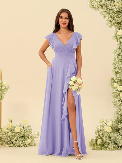 Forme Princesse Col V Longue Robes de demoiselle d'honneur avec Volants