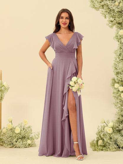 Forme Princesse Col V Longue Robes de demoiselle d'honneur avec Volants