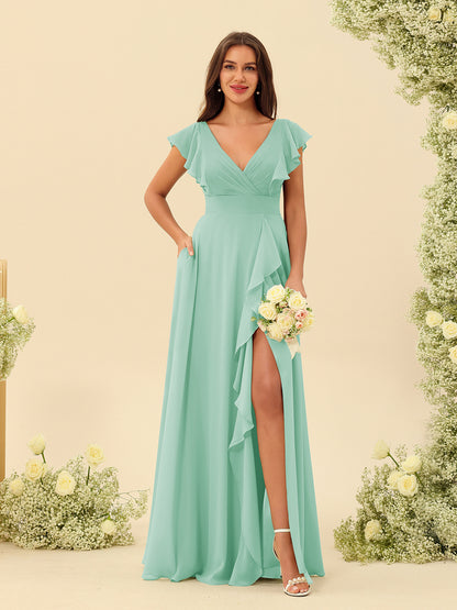 Forme Princesse Col V Longue Robes de demoiselle d'honneur avec Volants