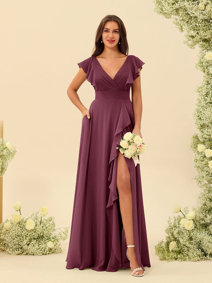 Forme Princesse Col V Longue Robes de demoiselle d'honneur avec Volants