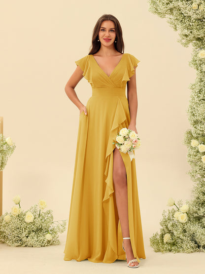 Forme Princesse Col V Longue Robes de demoiselle d'honneur avec Volants