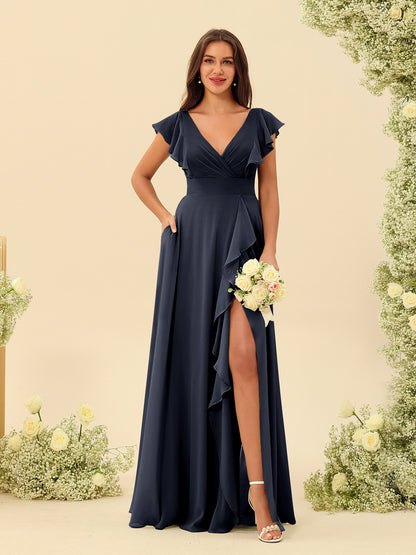 Forme Princesse Col V Longue Robes de demoiselle d'honneur avec Volants