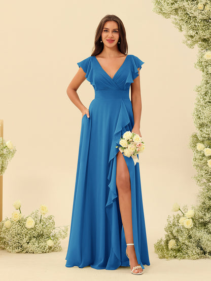 Forme Princesse Col V Longue Robes de demoiselle d'honneur avec Volants