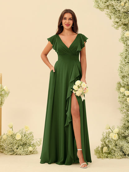 Forme Princesse Col V Longue Robes de demoiselle d'honneur avec Volants