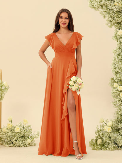 Forme Princesse Col V Longue Robes de demoiselle d'honneur avec Volants