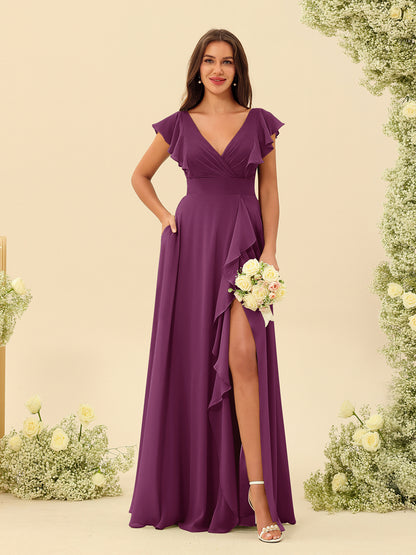 Forme Princesse Col V Longue Robes de demoiselle d'honneur avec Volants