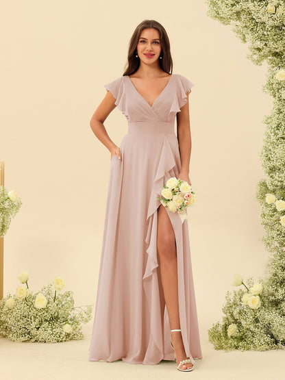 Forme Princesse Col V Longue Robes de demoiselle d'honneur avec Volants