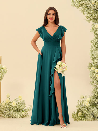 Forme Princesse Col V Longue Robes de demoiselle d'honneur avec Volants