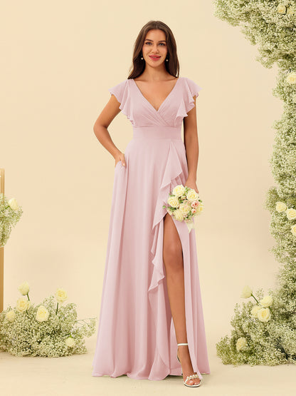 Forme Princesse Col V Longue Robes de demoiselle d'honneur avec Volants