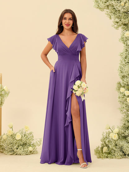 Forme Princesse Col V Longue Robes de demoiselle d'honneur avec Volants