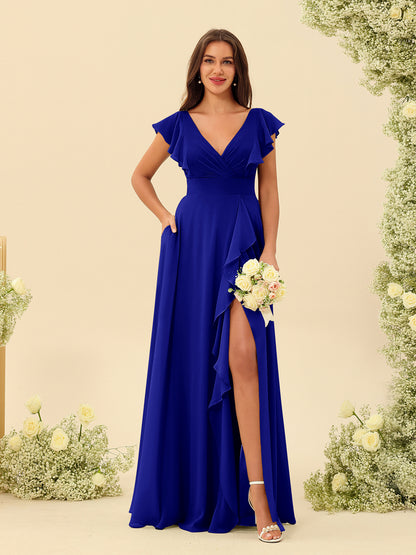 Forme Princesse Col V Longue Robes de demoiselle d'honneur avec Volants