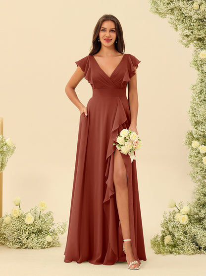 Forme Princesse Col V Longue Robes de demoiselle d'honneur avec Volants