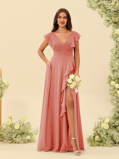 Forme Princesse Col V Longue Robes de demoiselle d'honneur avec Volants