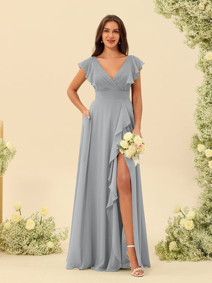 Forme Princesse Col V Longue Robes de demoiselle d'honneur avec Volants