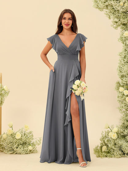 Forme Princesse Col V Longue Robes de demoiselle d'honneur avec Volants