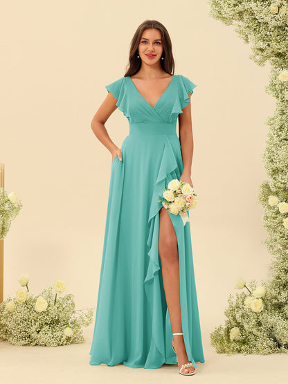 Forme Princesse Col V Longue Robes de demoiselle d'honneur avec Volants