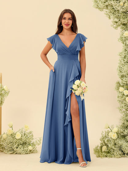 Forme Princesse Col V Longue Robes de demoiselle d'honneur avec Volants