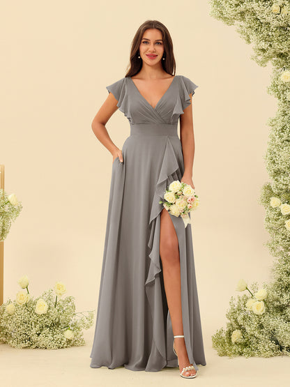 Forme Princesse Col V Longue Robes de demoiselle d'honneur avec Volants