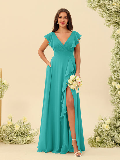 Forme Princesse Col V Longue Robes de demoiselle d'honneur avec Volants
