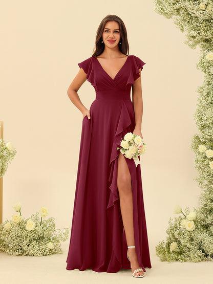 Forme Princesse Col V Longue Robes de demoiselle d'honneur avec Volants