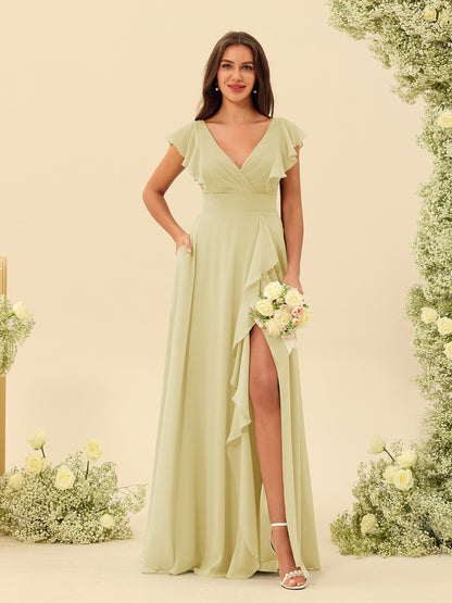 Forme Princesse Col V Longue Robes de demoiselle d'honneur avec Volants