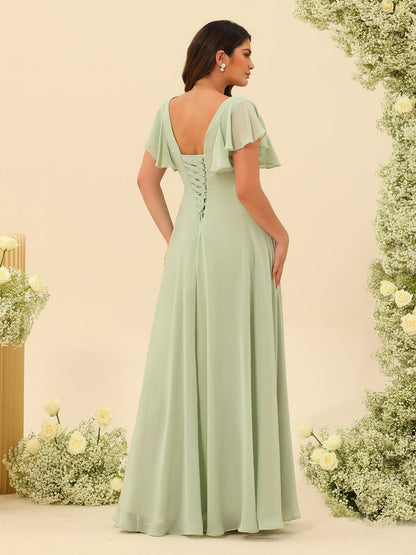 Robes de Demoiselle d'Honneur Grande Taille à Col En V et Coupe Princesse avec Volants