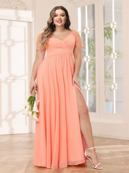 Robe de Demoiselled'Honneur Grande Taille Longue, Coupe A-Line/Princesse, Col en V avec Fente Latérale