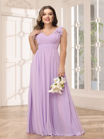 Robe de Demoiselled'Honneur Grande Taille Longue, Coupe A-Line/Princesse, Col en V avec Volants