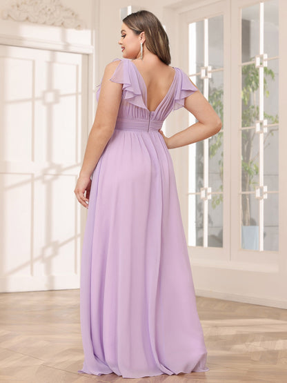Robe de Demoiselled'Honneur Grande Taille Longue, Coupe A-Line/Princesse, Col en V avec Volants