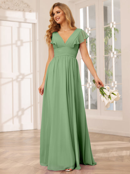 Forme Princesse Col V Longue Robes de demoiselle d'honneur avec Côté fendu