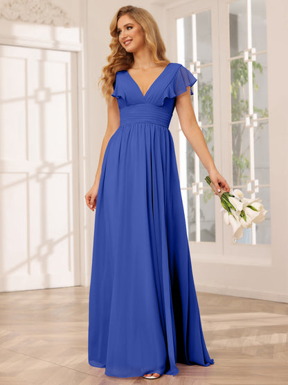 Forme Princesse Col V Longue Robes de demoiselle d'honneur avec Côté fendu