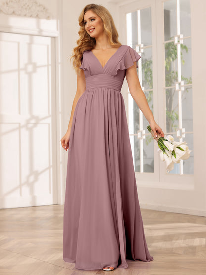 Forme Princesse Col V Longue Robes de demoiselle d'honneur avec Côté fendu