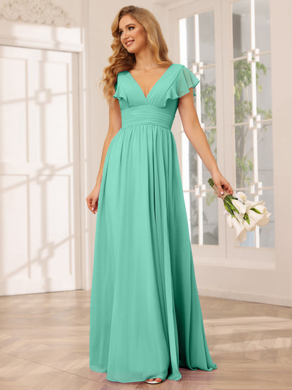 Forme Princesse Col V Longue Robes de demoiselle d'honneur avec Côté fendu