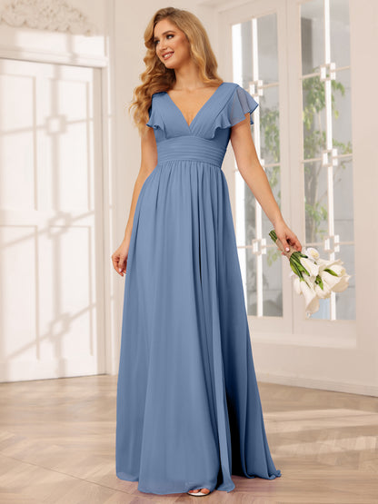 Forme Princesse Col V Longue Robes de demoiselle d'honneur avec Côté fendu