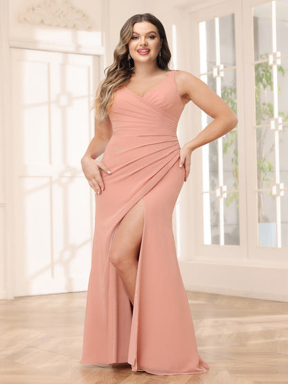 Robe de Demoiselled'Honneur Grande Taille, Longue, Col en V, Coupe Fourreau/Colonne avec Fente Latérale