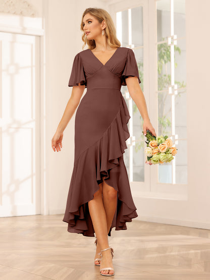 Fourreau/Colonne Col V Asymétrique Robes de demoiselle d'honneur avec Volants