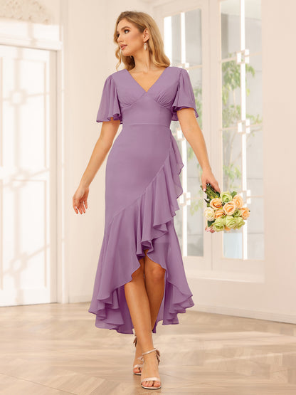 Fourreau/Colonne Col V Asymétrique Robes de demoiselle d'honneur avec Volants