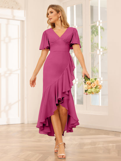 Fourreau/Colonne Col V Asymétrique Robes de demoiselle d'honneur avec Volants