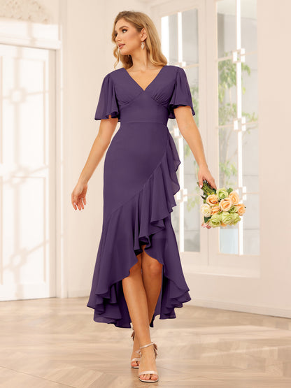 Fourreau/Colonne Col V Asymétrique Robes de demoiselle d'honneur avec Volants