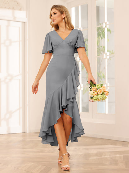 Fourreau/Colonne Col V Asymétrique Robes de demoiselle d'honneur avec Volants