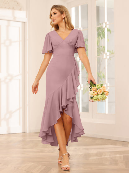 Fourreau/Colonne Col V Asymétrique Robes de demoiselle d'honneur avec Volants