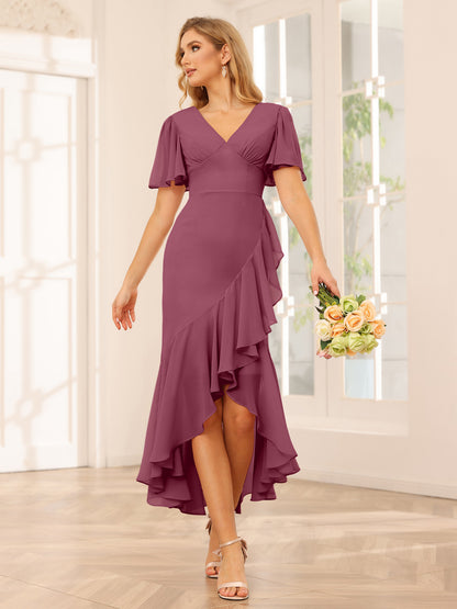 Fourreau/Colonne Col V Asymétrique Robes de demoiselle d'honneur avec Volants